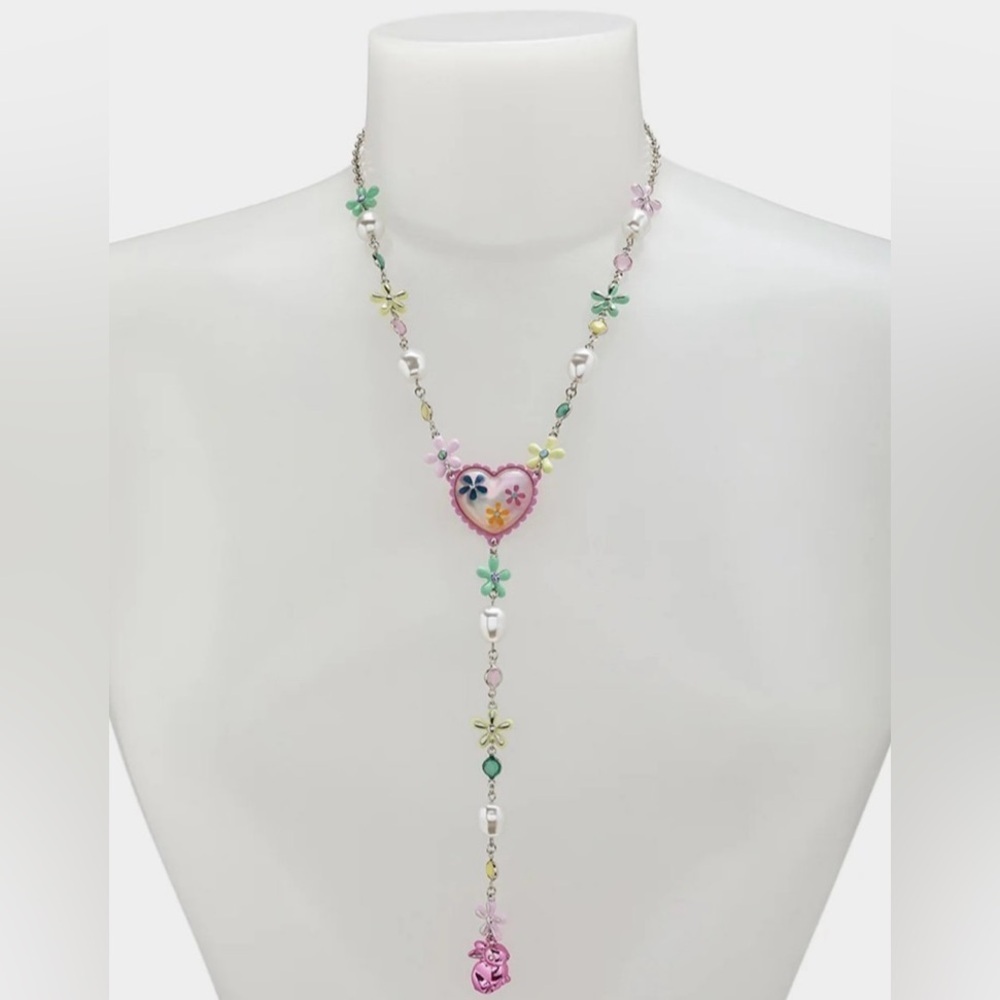 BETSEY JOHNSON Easter Holiday Bunny Rabbit Multi-Charm Retro Y Necklace NEW NWT